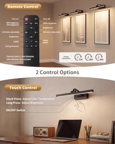 15.75'' Wireless Picture Lights for Wall Removable Battery Charging - color: Black, size: 15.75 inch-3W