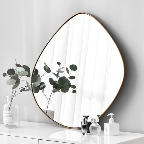 Asymmetrical Wall Mirror Matel Brass Framed Wall Mirror for Living Room Bedroom Bathroom Entryway Wall Decor 23.6" L x 23.6" W ELE-004G - color: Brass, size: 23.6"L x 23.6"W