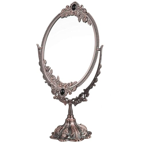 Guppy Small Metal Vintage Makeup Mirror, Floral Tabletop Oval Cosmetic Mirror, Vintage Swivel Double Sided Cosmetic Mirror, with Embossed Frame Base, Retro Mirror for Dressing Bedroom-Red Bronze - color: Red Copper, size: 11.5"L x 5.1"W
