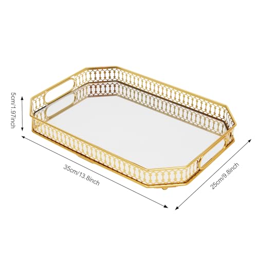 Serving Tray, Gold Perfume Tray 13.8"x9.6" Mirrored Vanity Tray Glass Metal Trinket Storage Tray Decorative Jewelry Tray for Dresser Bathroom Countertop (Rectangular) - size: 13.8" x 9.8" x 2"