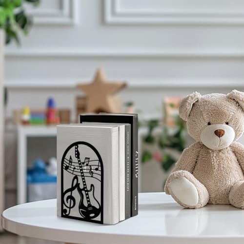 Peacoblue 5.3"x4.3"x7.9" Metal Bookends, Heavy Duty Book Ends for Shelves - style: Guitar and Music Note