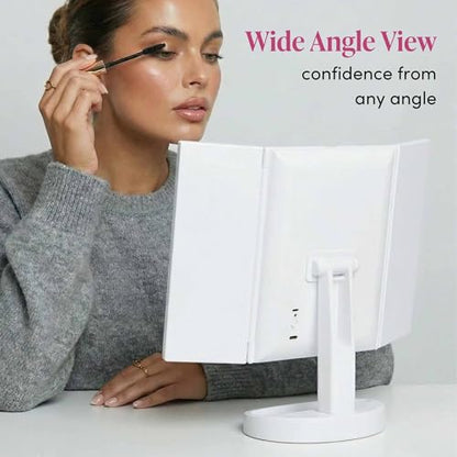 Fancii LED Lighted Vanity Makeup Mirror, Rechargeable Trifold Mirror with 5X & 10x Magnifications - 68 Dimmable Natural Lights, Touch Screen, Best Adjustable Make Up Mirror with Cosmetic Stand