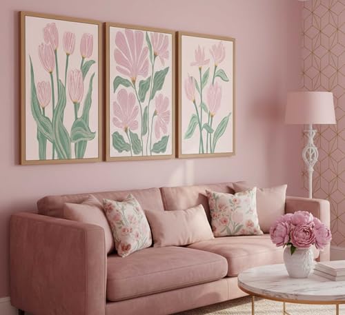 hijyord 3 Pcs Pink Tulips Flowers Canvas Wall Art Unframed - color: Poster, size: 24"L x 16"W