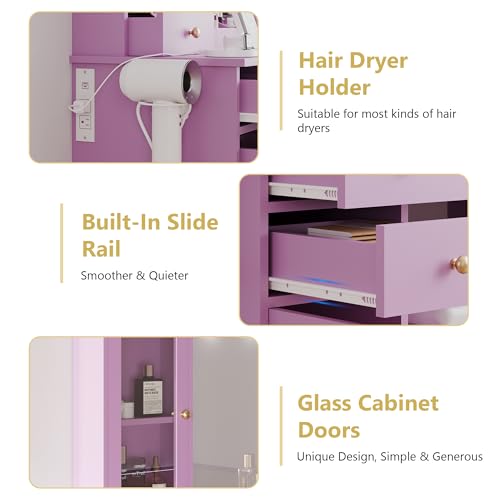Xixini 44" Vanity Desk with Mirror & Lights, Glass Storage Cabinets, Purple - color: Purple