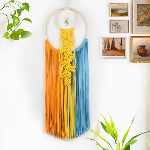 MEUNEAR Macrame Wall Hanging Colorful Dream Catchers Boho Orange Blue Macrame Wall Decor with Crystal Dream Catcher for Girls Woven Tapestry for Bedroom Living Room Office Home Decor, 30L X 10W inches - color: Orange Blue