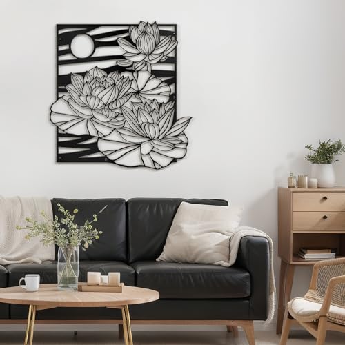 SIGNLEADER Metal Wall Art Decor Lotus, Moonlight Minimalist Modern Abstract Wall Sculpture Hangings Home Decoration for Living Room, Bedroom, Bathroom, Kitchen, Outdoor - 18" Black - color: Lan21-2311-irs21, size: 18"L x 18"W