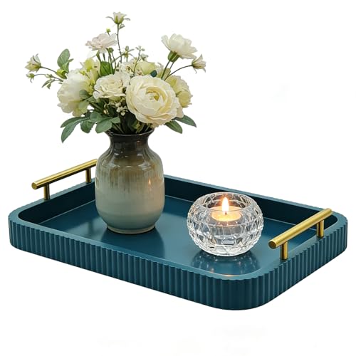 Rectangle Modern Wood Serving Tray with Metal Handles, High Gloss Teal Finish, 16x12 Inch Coffee Table Ottoman Tray for Storage and Display (Teal) - color: Teal