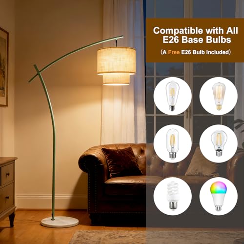 Lightdot Arc Floor Lamp, Modern Standing Lamps with Double Linen Lampshade - color: Fabric-Green