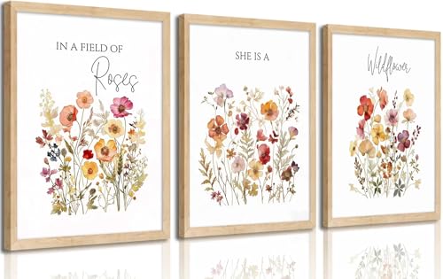 3Pcs Framed Canvas Wildflower Wall Art Botanical Poster Print 12x16 Inch - color: MEIGUIYEHUA, size: 16"L x 12"W