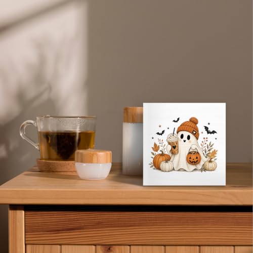 Halloween Fall Ghost Coffee Pumpkin Wood Box Sign Desk Decor 5X5 - color: Cozy Ghost