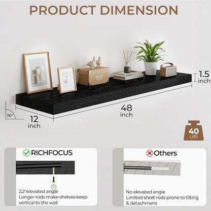 RICHFOCUS Long Floating Shelves for Wall 2Pack|Black|48" Lx12 D - color: Black, size: 48"L x 11.6"D, Set of 2
