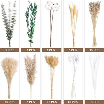 Green Dried Flower Bouquet, 10 Varieties Pampas Grass with Eucalyptus, Lavender, Cotton, Wheat & Bunny Tails, Natural Dried Flowers for Vase, Boho Farmhouse Wedding Home Decor - size: Green