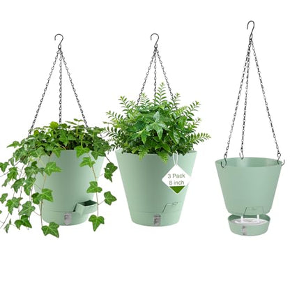 8 Inch Hanging Planters Indoor Outdoor, 3 Pack Plastic Self Watering Plant Pots with Drainage Holes & Saucers, Hanging Baskets Flower Pots with Chain for Ivy, Spider Plant, Pothos, Ferns - color: Green