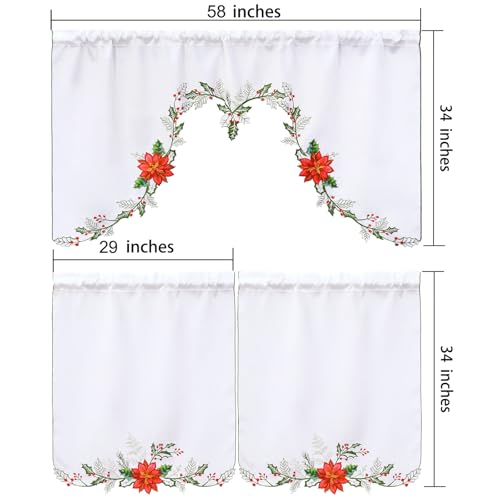 Simhomsen Embroidered Poinsettia Kitchen Window Curtain Swag and Tiers Set for Christmas Holiday (Poinsettia) - color: Poinsettia