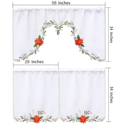 Simhomsen Embroidered Poinsettia Kitchen Window Curtain Swag and Tiers Set for Christmas Holiday (Poinsettia) - color: Poinsettia