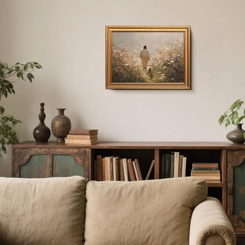Gold Framed Jesus Wall Art Jesus Leaves The 99 Sheep Pictures 12x16 Inch - color: Jesus, size: 16"L x 12"W