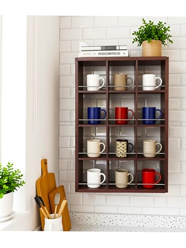 12 Grid coffee mug display shelf, 17x25" Wooden cup shelf for wall,Walnut - color: Walnut