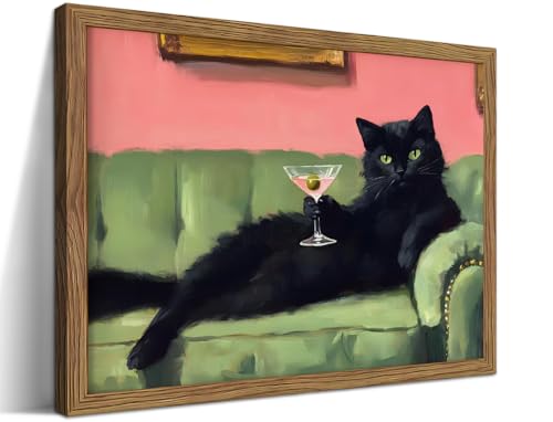 Framed Black Cat with Martini Wall Art Print, Whimsical Cute Cat Decor Paintings, Cocktail Art Bar Cart Decor, Funny Animal Canvas Pictures Aesthetic for Home Living Room Bedroom – 8x10 inch - color: Black Cat, size: 10"L x 8"W