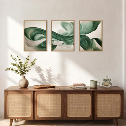 KAIRNE Green Abstract Waves Lines Framed Canvas Wall Art Set-12"x16"x3 - color: Abstract Wave Wall Art, size: 12"L x 16"W
