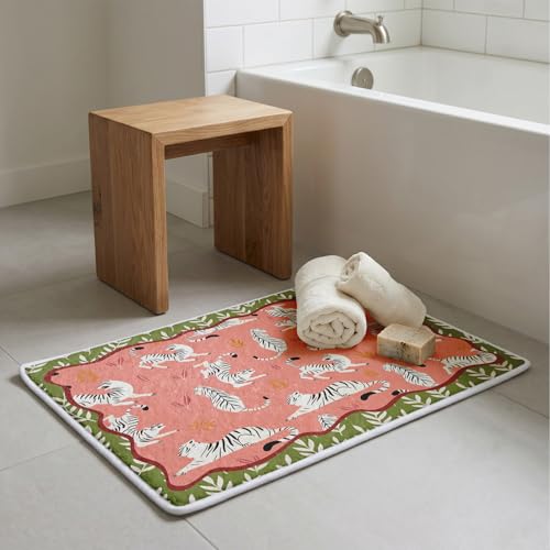 Boho Tiger Bathroom Mat,Pink Green Chinoiserie Kitchen Mat,Soft Non-Slip Tiger Decorative Mats Rug for Bathroom Dressing Table Shower Tub Kitchen Entry Door,24x16Inch