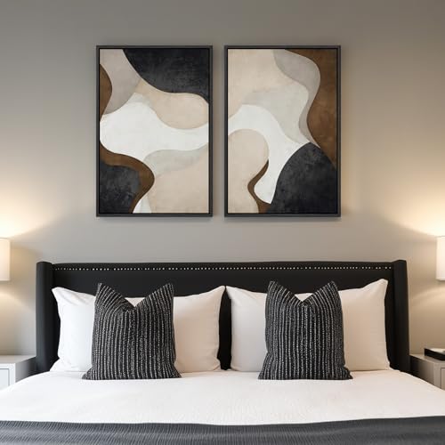 Framed Neutral Beige Brown Abstract Canvas Wall Art Set of 2, 16x24 In - color: Fluid Shapes, size: 16" W x 24" H x 2Pcs