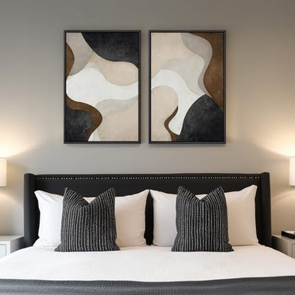 Framed Neutral Beige Brown Abstract Canvas Wall Art Set of 2, 16x24 In - color: Fluid Shapes, size: 16" W x 24" H x 2Pcs