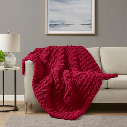 Madison Park Chenille Chunky Knit All Season Throw Blanket, 50 x 60, Red - color: Red