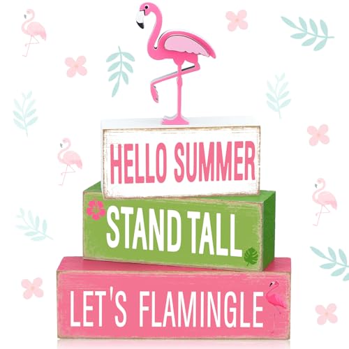 GlikCeil 4 Pcs Summer Wooden Tiered Tray Decorations Pink Flamingo Stack Blocks Table Top Sign Decor Flamingo Summer Wood Centerpieces Farmhouse Rustic Table Decor for Mantle Home Party Supplies - style: Flamingo
