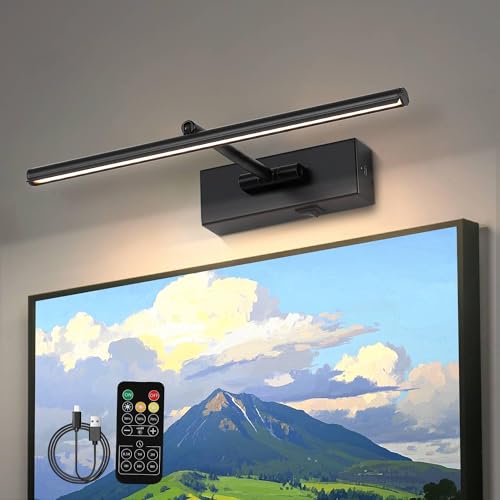 Battery Operated Picture Light with Wireless Remote 3CCT Dimmable Black Wall Art Lights for Paintings 3 Colors Rechargeable home decor Gallery Light 16’‘ Artwork Lighting for Canvas Timer Function - size: 16''