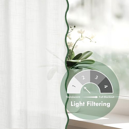 DriftAway Semi Sheer Scalloped Edge White Coastal Beach Window Curtains for Living Room Bedroom 2 Panels Rod Pocket Each Size 52 Inch by 63 Inch Loden Green - color: White Loden Green, size: 52"W x 63"L (Pack of 2)