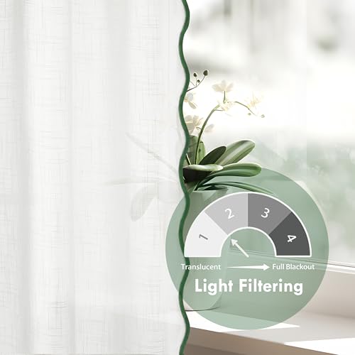 DriftAway Semi Sheer Scalloped Edge White Coastal Beach Window Curtains for Living Room Bedroom 2 Panels Rod Pocket Each Size 52 Inch by 84 Inch Loden Green - color: White Loden Green, size: 52"W x 84"L (Pack of 2)