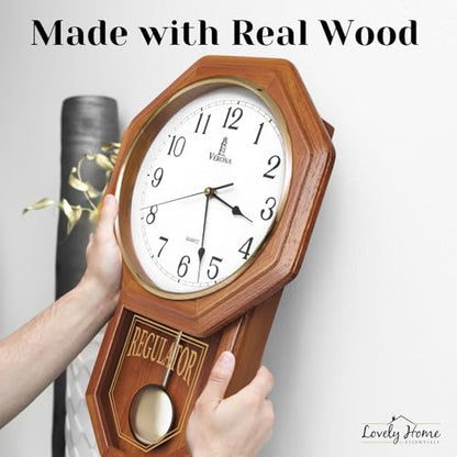 Pendulum Wall Clock Battery Operated, Real Wood Regulator Clock, Quiet - color: Light Wood With Arabic Numerals