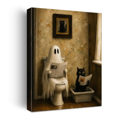 Halloween Bathroom Wall Art Canvas Print Framed Ghost Black Cat in Poster - color: Z