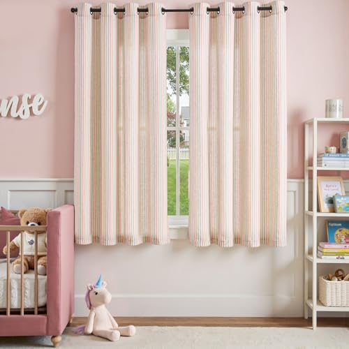jinchan Linen Curtains 63 inch Candy Stripe for Kids Room Grommet 2 Panels - color: Candy on Flax, size: 50"W x 63"L (Pack of 2)