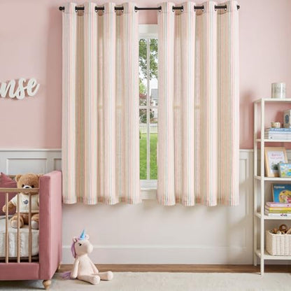 jinchan Linen Curtains 63 inch Candy Stripe for Kids Room Grommet 2 Panels - color: Candy on Flax, size: 50"W x 63"L (Pack of 2)