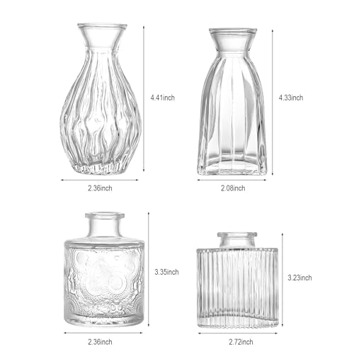 Glass Bud Vases, 4 Pcs Small Flower Vase for Party Table Mini Decorations
