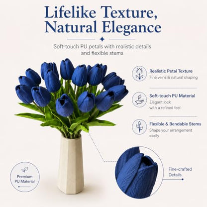 Mandy's 20 Stems Navy Blue Artificial Tulip Flowers for Home Centerpieces - color: Navy Blue