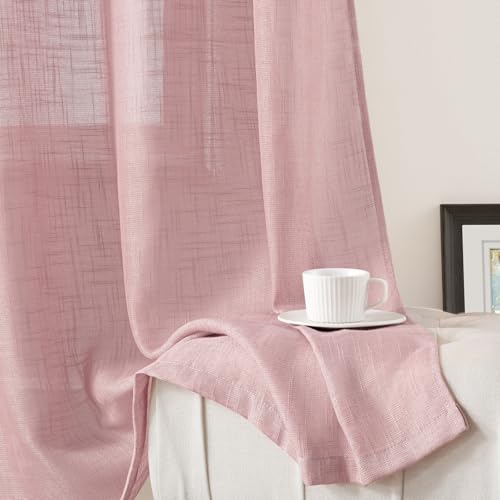 HOMEIDEAS Pink Linen Textured Sheer Curtains, 52 X 84 Inch, 2 Panels - color: Pink, size: 52"W x 84"L (Pack of 2)