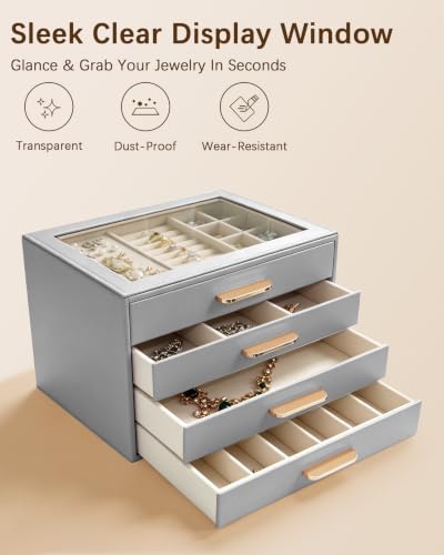Homeanda Jewelry Boxes Organizer with Glass Lid, 4-Layer PU Leather, Grey - color: Grey, size: 4 Layer