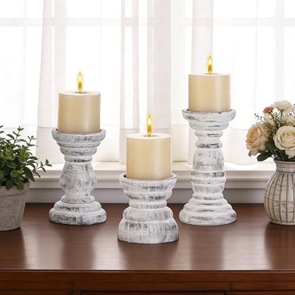 Rustic Wooden Pillar Candle Holders Set of 3 in Distressed White, Florence Style, Farmhouse Wooden Candle Holder, Wooden Candle Stand, Small Wooden Candlestick Holders, Living Room, Table Centerpiece - color: Rustic White