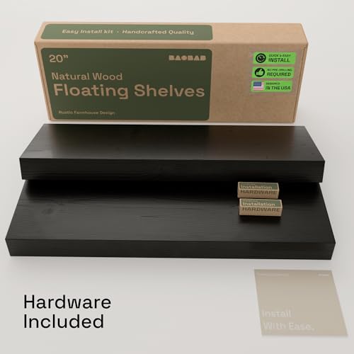 Solid Wood Floating Shelves for Wall 20 Inch Black, Wooden Bathroom Shelf - color: Black, size: 20 Inch