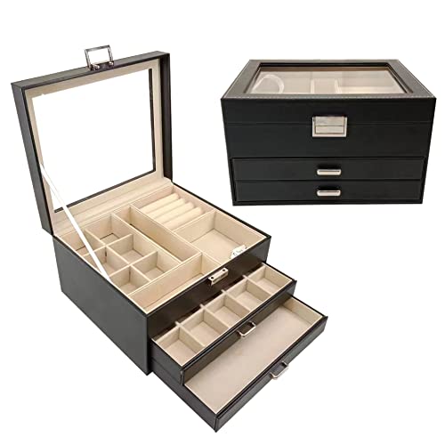BOOVO Clear Lid Jewelry Box,3 Layers Jewelry Organizer (Black, 3 Layer) - color: Black, size: 3 Layer