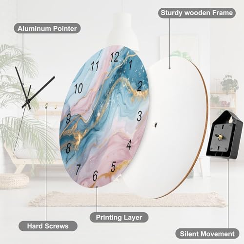 Marble Wall Clock 12 Inch Silent Non Ticking Clock Wooden, Modern Luxury Foil Texture Pink Blue Gold Marble Wall Clock Battery Operated Kitchen Bedroom Living Room Decor - color: Marble-9