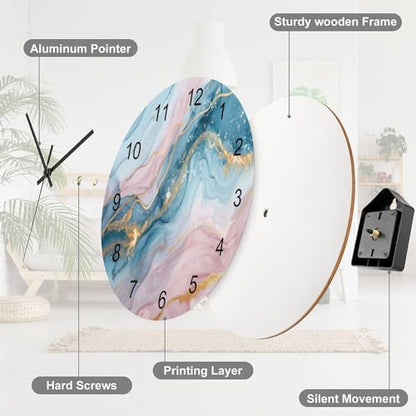 Marble Wall Clock 12 Inch Silent Non Ticking Clock Wooden, Modern Luxury Foil Texture Pink Blue Gold Marble Wall Clock Battery Operated Kitchen Bedroom Living Room Decor - color: Marble-9