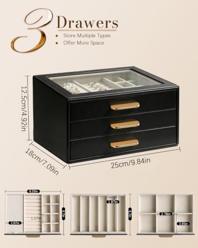 Homeanda Jewelry Boxes Organizer with Glass Lid, 3-Layer PU Leather, Black - color: Black, size: 3 Layer