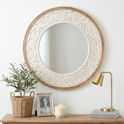 Round Mirror for Bathroom,Wood Farmhouse Vanity Circle Wall Mirror