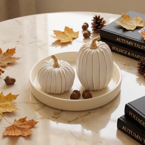 2Pcs Resin Pumpkin Figurines, Gold Stripe Fall Thanksgiving Decor - style: Gold Stripe Pumpkin