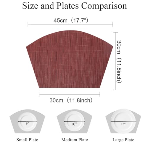 SHACOS Small Round Table Placemats Set of 4 Wedge Placemats Burgundy Red Heat Resistant Table Mats Wipe Clean (4, Burgundy Red) - color: Burgundy Red