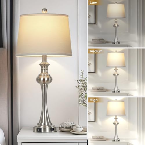 CINSARY Silver Table Lamp for Living Room, 29" Bedside Lamp with USB C+A - color: Silver