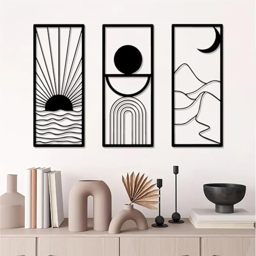 DUOOLN 3pc Metal Celestial Wall Decor Art, Abstract Geometric Sculptures - color: Black - Sun & Moon